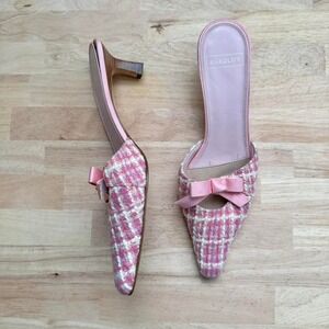 Pink white tweed pointed kitten heel Size 7.5 Narrow preppy coquette bow